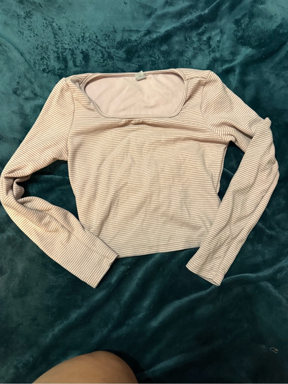SHEIN Light Pink Striped Square Neck Long Sleeve Top